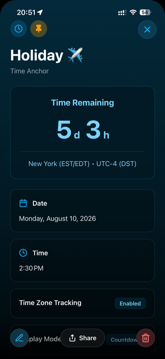 Time Anchor screen showing live countdown